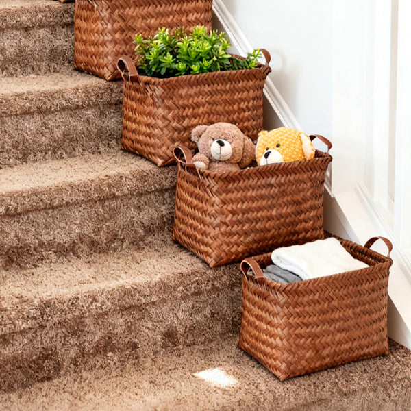 Woven Storage Baskets with Leather Handle