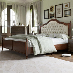 King Size Solid Wood Platform Bed with Upholstered Headboard – Walnut