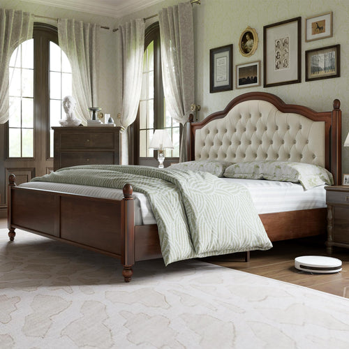 King Size Solid Wood Platform Bed with Upholstered Headboard – Walnut