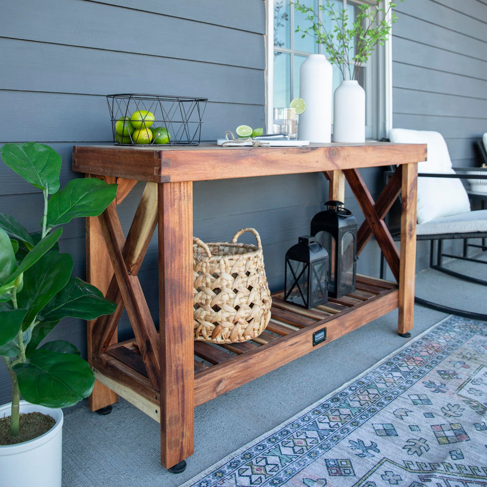 Acacia Wood Farmhouse Narrow Console Table with Lower Slat Shelf