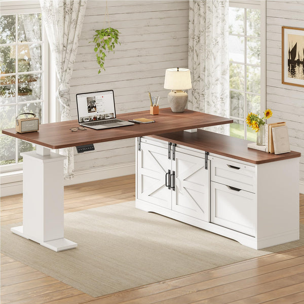 L-Shaped Height Adjustable Standing Desk with Storage & Power Outlets