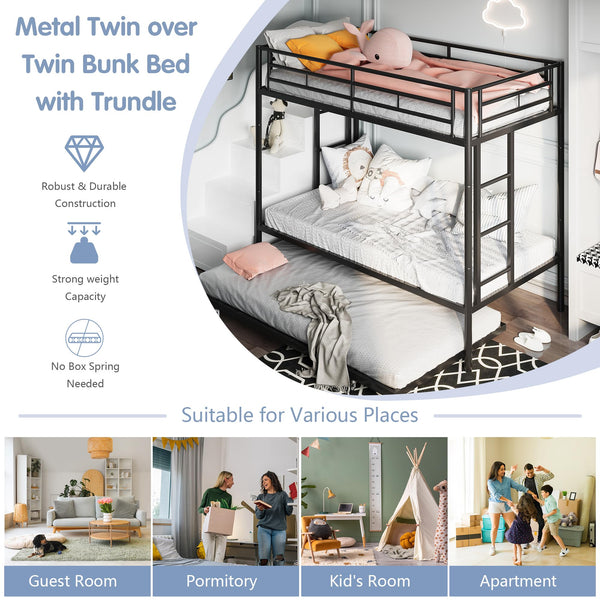 Metal Bunk Bed with Trundle & Safety Guardrails