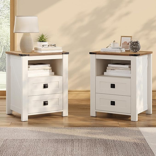 Farmhouse Nightstand Set of 2 with Drawer & Open Shelf