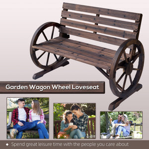 Rustic Wagon Wheel Outdoor Wood Bench – 2-Person Slatted Seat with Backrest