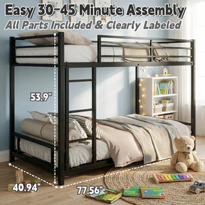 Twin Over Twin Low Bunk Bed Frame – Heavy-Duty Metal with Guardrails