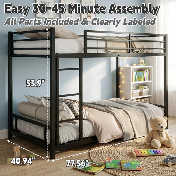 Twin Over Twin Low Bunk Bed Frame – Heavy-Duty Metal with Guardrails