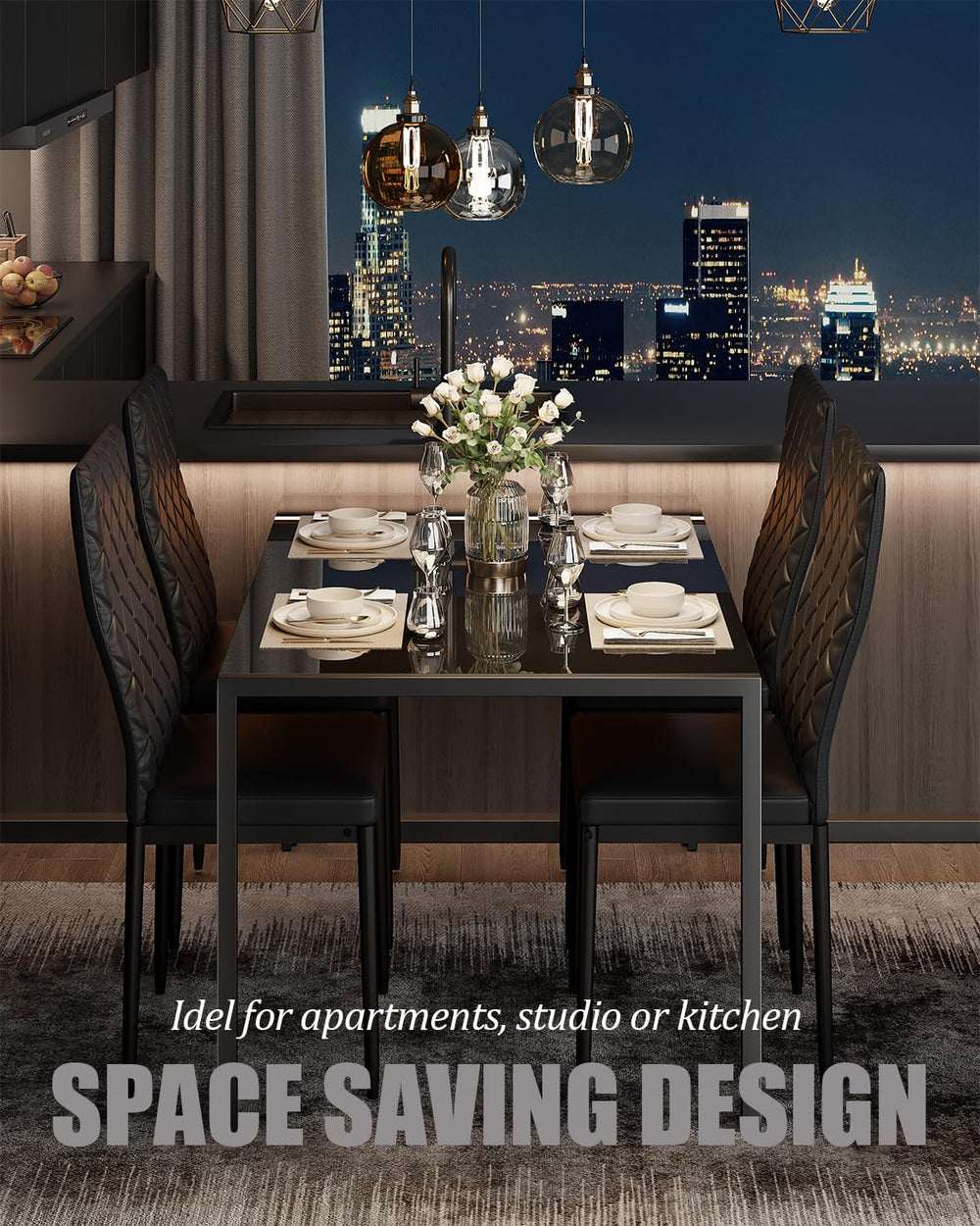 5-Piece Tempered Glass Dining Table Set with PU Leather Chairs