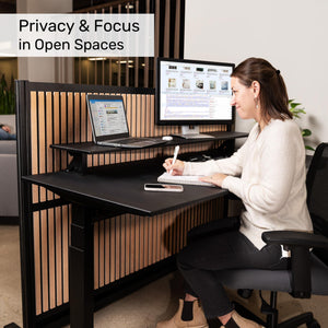 Modular Office Room Divider with Faux Wood Slats & Sound Dampening Panels