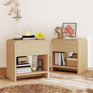 Nightstand Set of 2 with Drawer & Open Shelves – Curved Bedside End Table