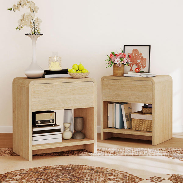 Nightstand Set of 2 with Drawer & Open Shelves – Curved Bedside End Table