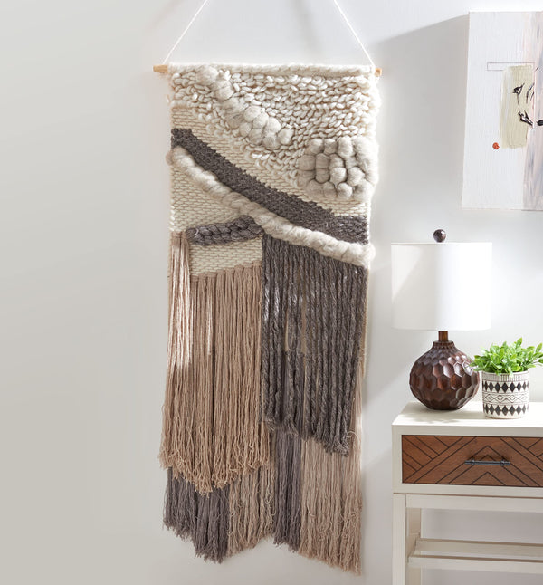 Boho Wool Woven Tapestry Wall Art – Ivory & Grey