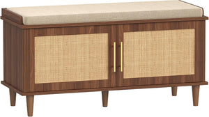 Rattan Shoe Storage Bench with Cushion & Adjustable Shelves