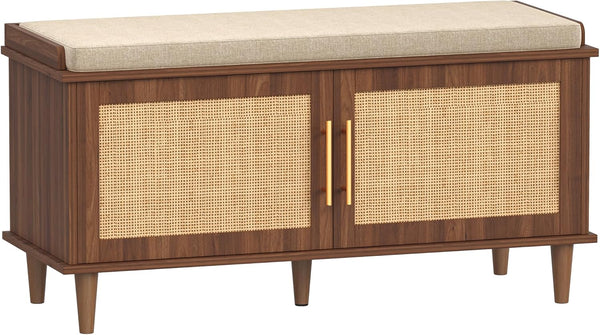 Rattan Shoe Storage Bench with Cushion & Adjustable Shelves