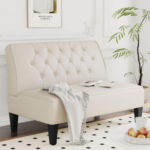 Button Tufted Loveseat Settee – Faux Leather Upholstered 2-Seat Sofa Bench