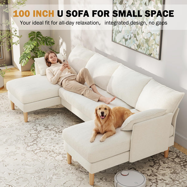 U-Shaped Sectional Sofa with Deep Seat – Chenille Fabric, 4-Seat, Beige