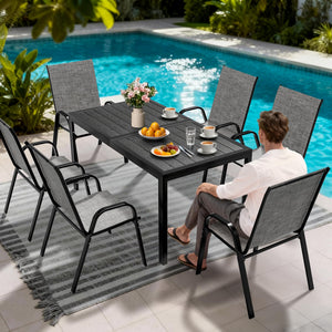 7-Piece Outdoor Patio Dining Set – Steel Slat Table & Textilene Chairs