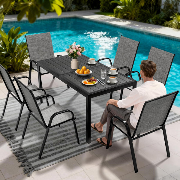 7-Piece Outdoor Patio Dining Set – Steel Slat Table & Textilene Chairs