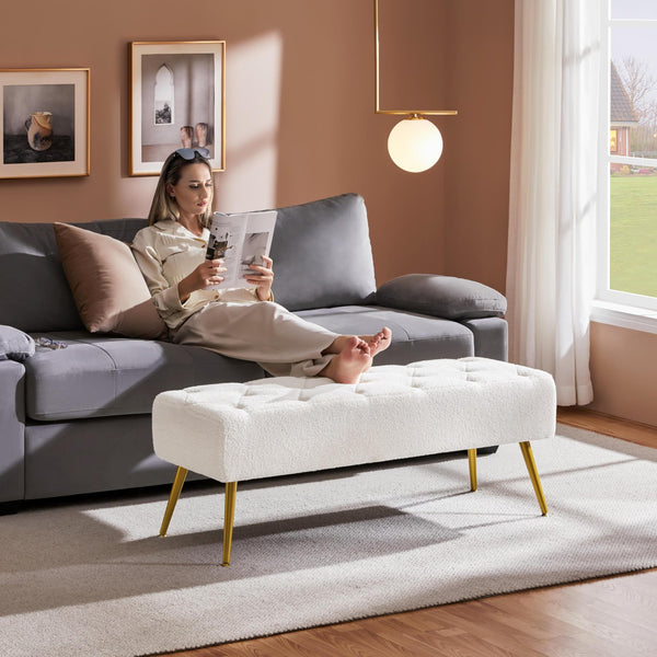 Boucle Ottoman Bench with Gold Metal Legs