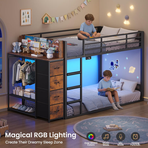 Twin Over Twin Low Bunk Bed with Storage & RGB Lights