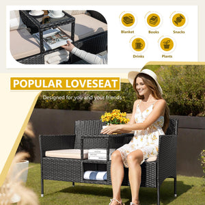 Outdoor Rattan Loveseat with Built-In Table & Storage