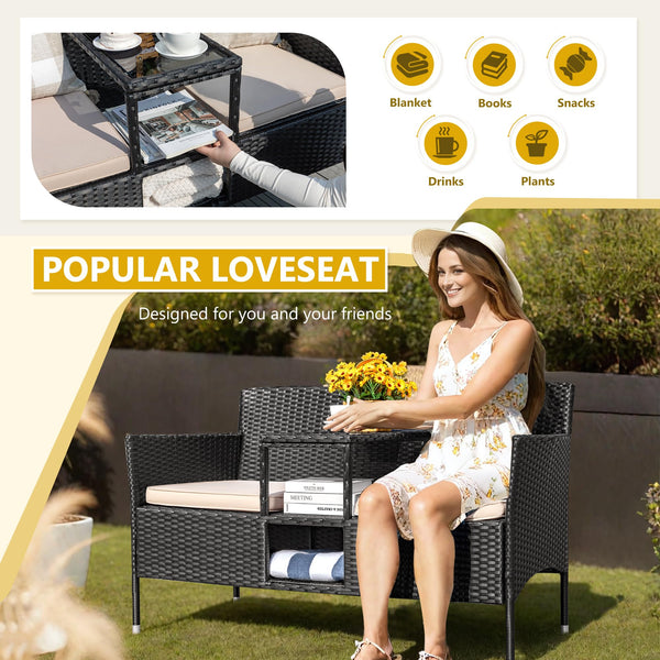Outdoor Rattan Loveseat with Built-In Table & Storage
