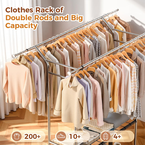 Heavy Duty Double Rod Clothes Rack with Shelves & Lockable Wheels