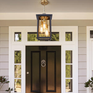 3-Light Outdoor Hanging Lantern Pendant – Farmhouse Black & Gold, Clear Glass