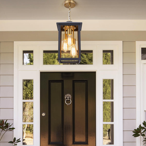 3-Light Outdoor Hanging Lantern Pendant – Farmhouse Black & Gold, Clear Glass