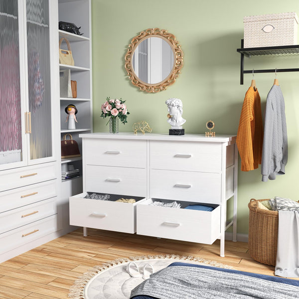 6-Drawer Fabric Dresser with Faux Leather Front & Wood Top