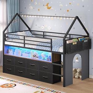 Twin Size Kids Loft Bed with Storage Drawers & LED Lights