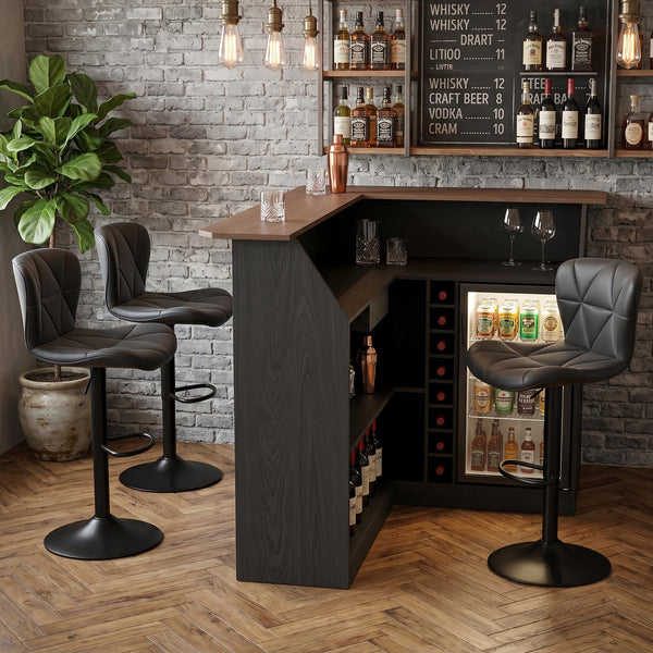 L-Shaped Home Bar Unit with LED Strip, Stemware Racks & Fridge Space – Black & Walnut
