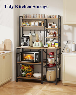 Baker's Rack with Power Outlet 12 Hooks Multi-Shelf Kitchen Storage