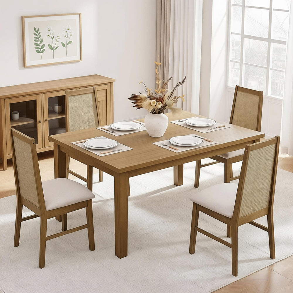 Rattan High Back Dining Chairs with Solid Wood Legs
