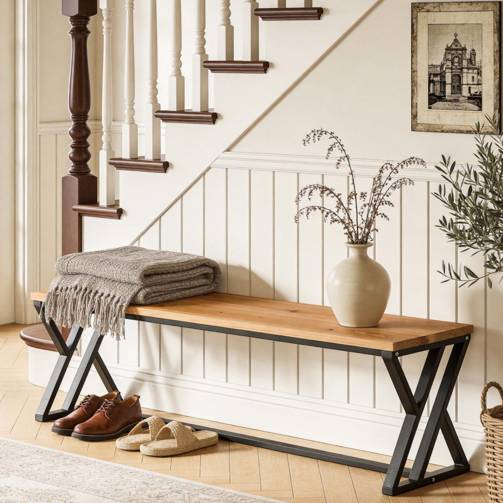 55" Solid Wood Entryway Bench with Metal Legs