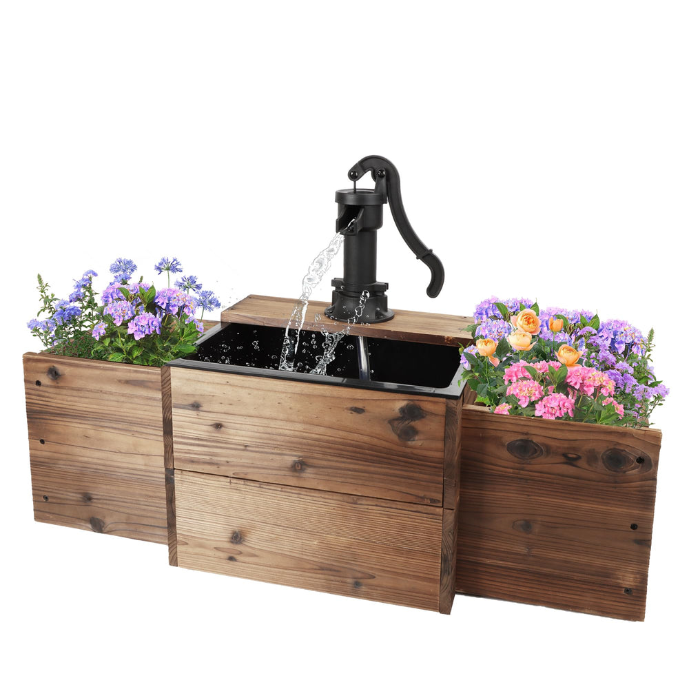 Outdoor Wooden Water Fountain with Hand Pump & Flower Box