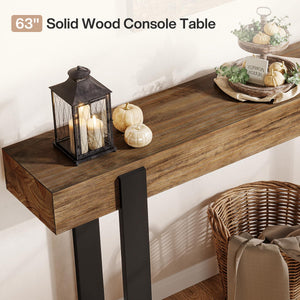 63-Inch Console Table with Solid Wood Top & Metal Legs