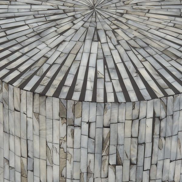 Mother of Pearl Mosaic Cylinder Side End Table, Light Blue, 14" x 14" x 20"