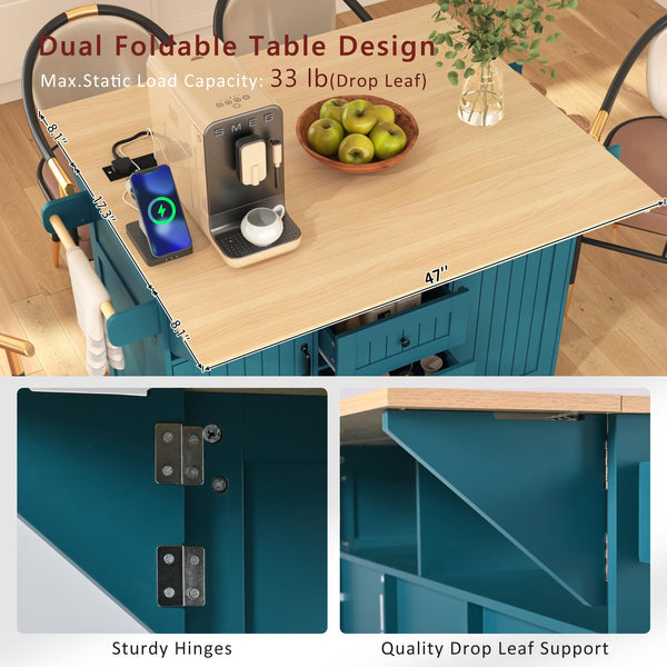 Kitchen Island Cart with Drop Leaf & Power Outlets