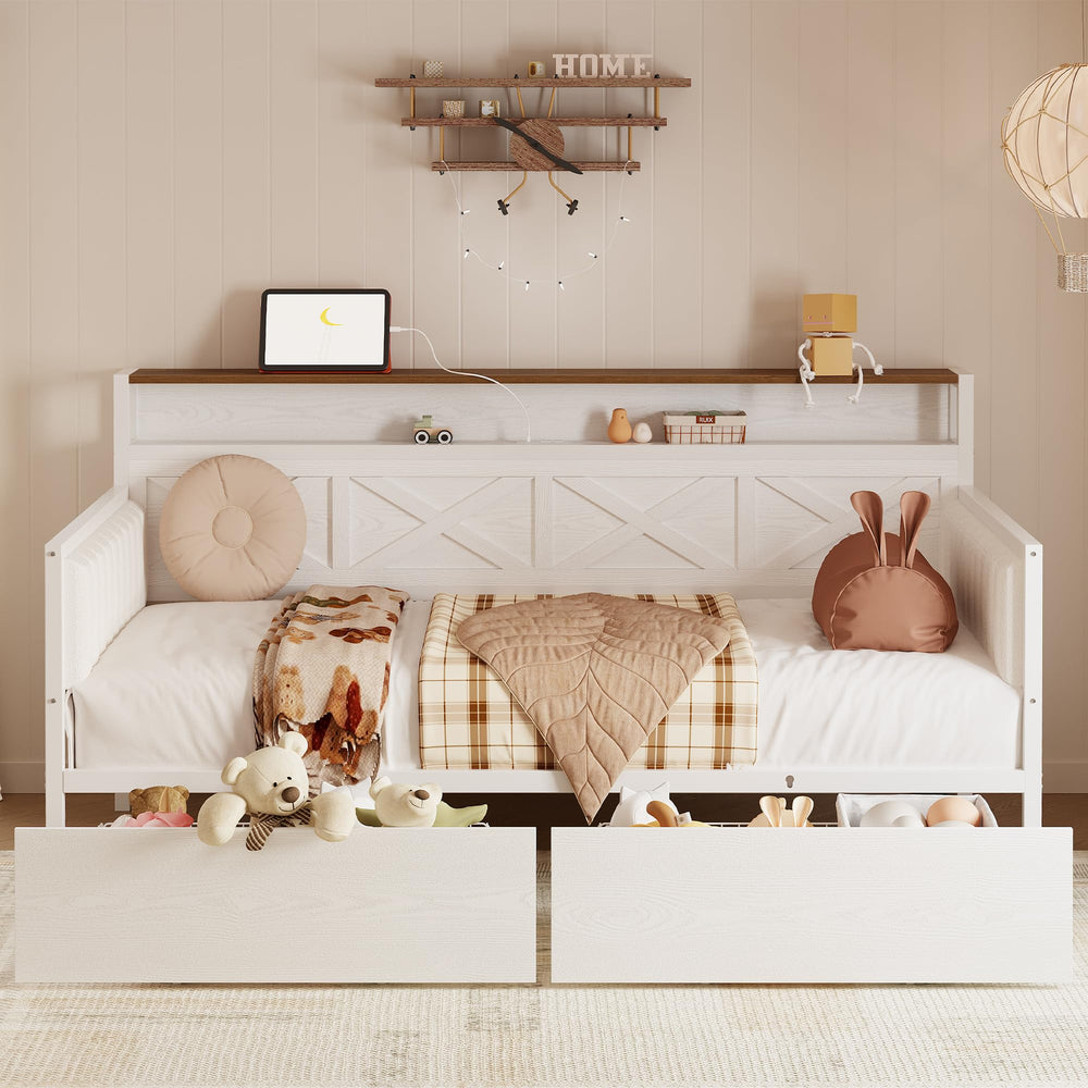 Twin Size Farmhouse Daybed with Storage Drawers & Charging Station