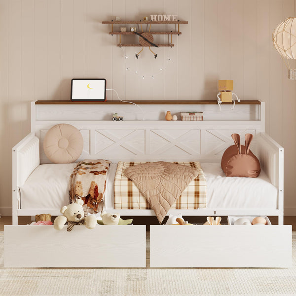 Twin Size Farmhouse Daybed with Storage Drawers & Charging Station