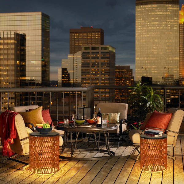 Boho Outdoor Side Table Set of 2 with Dimmable Ambient Light & Remote