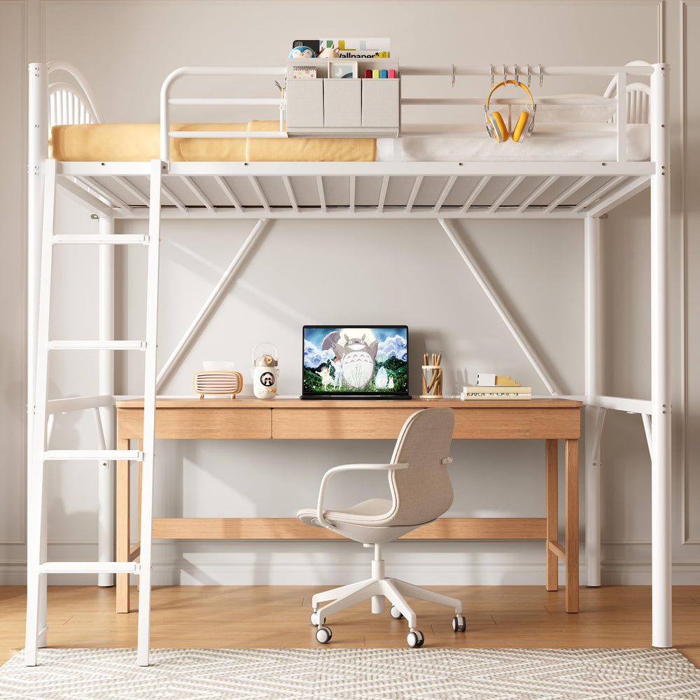 Twin Metal Loft Bed with Convertible Ladder & Guard Rails