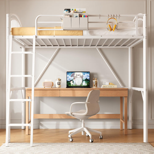 Twin Metal Loft Bed with Convertible Ladder & Guard Rails