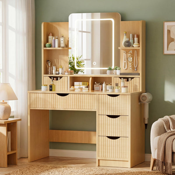 Fluted Vanity Desk with LED Mirror & 6 Drawers