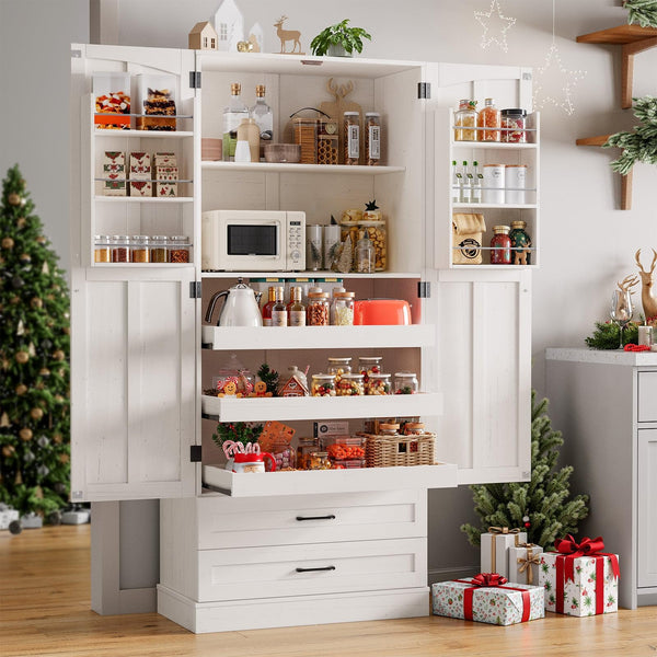 71" Farmhouse Kitchen Pantry Cabinet with Pull-Out Shelves & Drawers