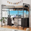 Twin Loft Bed with L-Shaped Desk, LED Lights & Storage