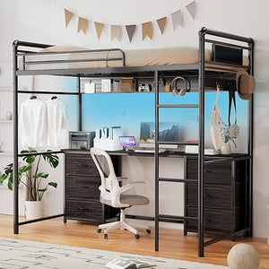 Twin Loft Bed with L-Shaped Desk, LED Lights & Storage