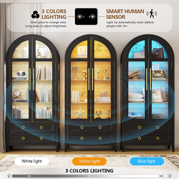 71" Arched Display Cabinet with LED Lighting & Glass Doors