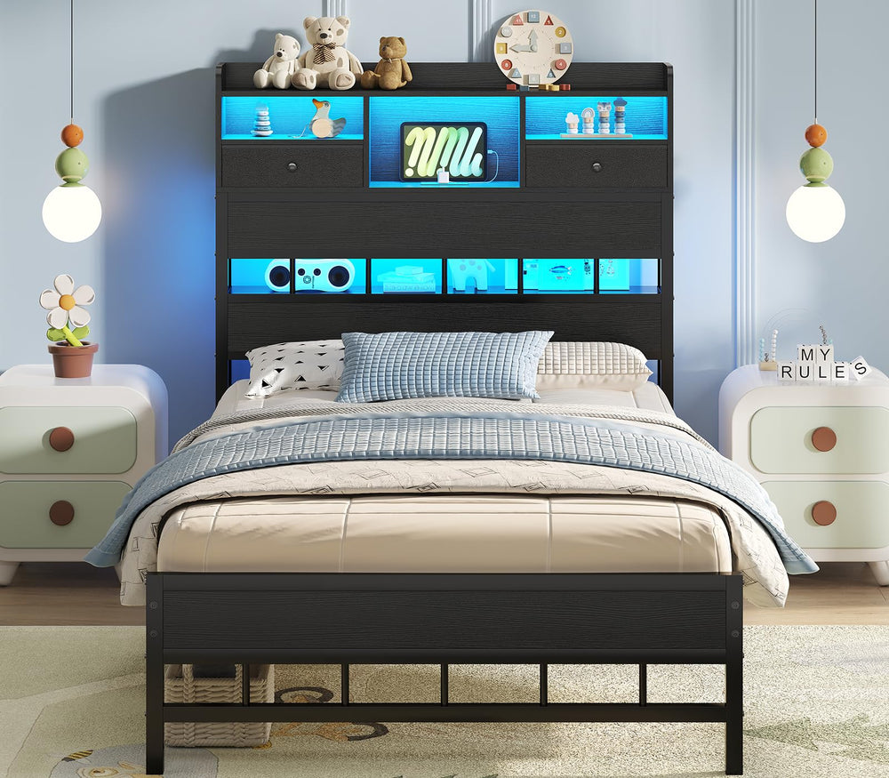 Twin Bed Frame with Headboard, LED Lights & Charging Station
