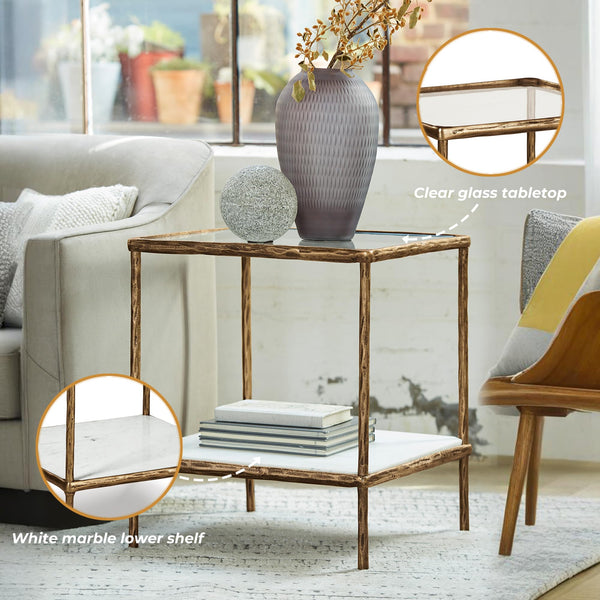 Glass Top Accent Table with Marble Shelf & Metal Frame